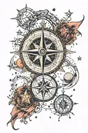 compass and moon and star constellation tattoo design idea