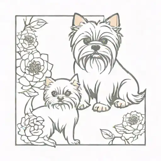Yorkshire Terrier with British Fold cat in peony flowers tattoo design idea