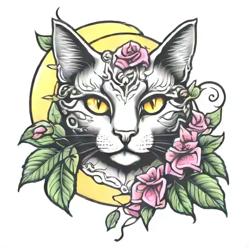 Bougainvillea, Moon, Cat, love you to the moon tattoo design idea