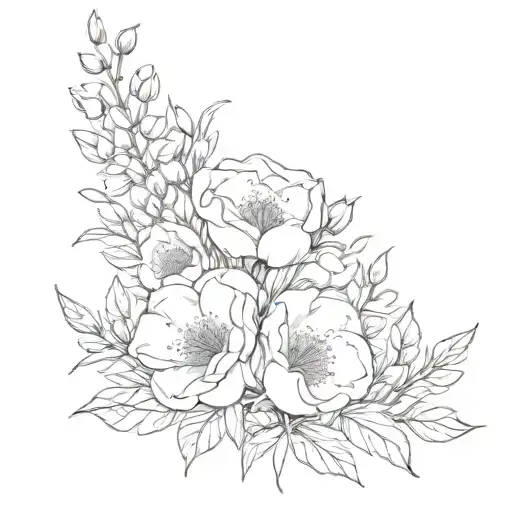 birth flower bouquet, may, April, February and January tattoo design idea