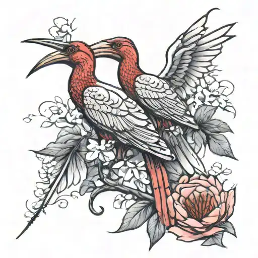 red chanconia flowers in the background scarlet ibis playing tenor steel an  tattoo design idea