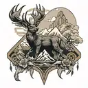 deer and eagle with mountain background black tattoo design idea