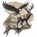 deer and eagle with mountain background black tattoo design idea