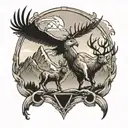 deer and eagle with mountain background black tattoo design idea
