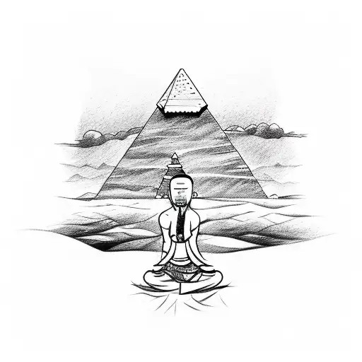 A sketch-style tattoo of a judo master meditating in front of the Great Pyramids tattoo design idea