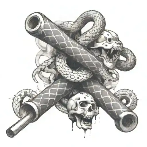 A baseball bat intertwined with a snake and dice, with smoke coming out of the end tattoo design idea
