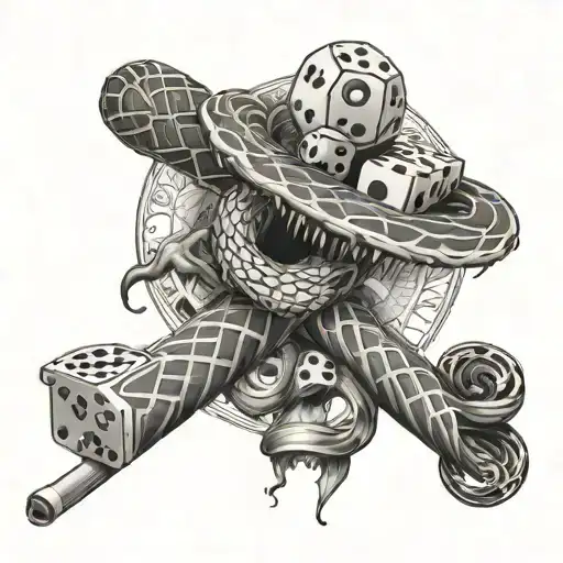 A baseball bat intertwined with a snake and dice, with smoke coming out of the end tattoo design idea