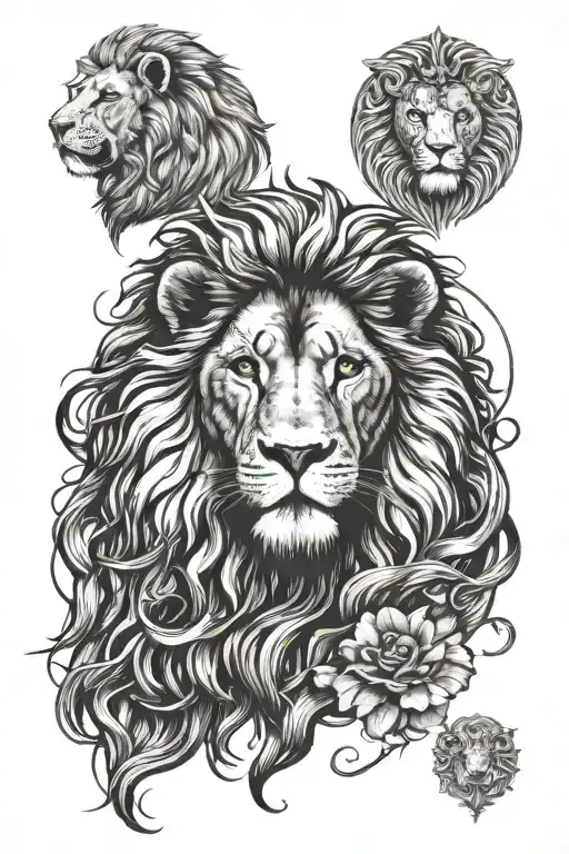 Vertical Arrangement:  Top: Lion's head (majestic/roaring). Middle: Roman numeral date integrated into the lion's mane.  tattoo design idea