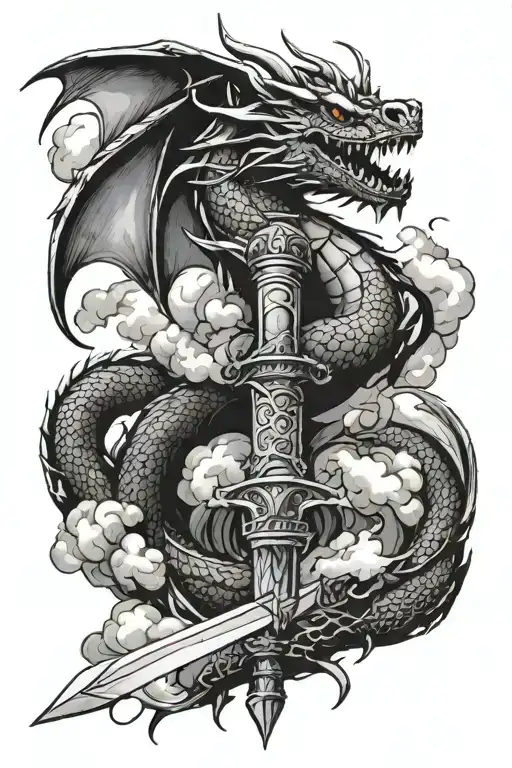 a dragon wrapped around a sword with clouds and lightning tattoo design idea