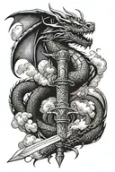 a dragon wrapped around a sword with clouds and lightning tattoo design idea