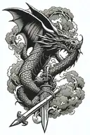 a dragon wrapped around a sword with clouds and lightning tattoo design idea