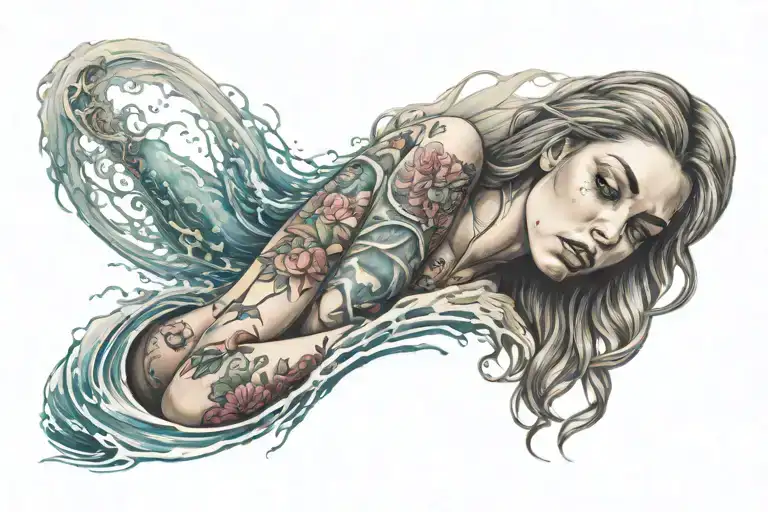 Anger, sadness, a very beautiful girl, the sea, loneliness, love correspondence on a social  tattoo design idea