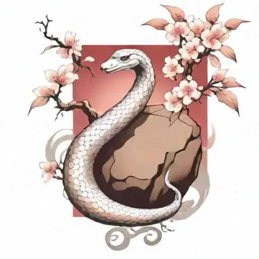 black and white open orborous winged snake with Sisyphus pushing a boulder inside foreground with a Sakura tree backgrou tattoo design idea