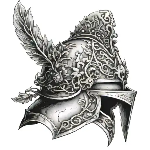 An intricate design of a knight's helmet with elements of nature intertwined, reflecting your interest in middle age and nature tattoo design idea