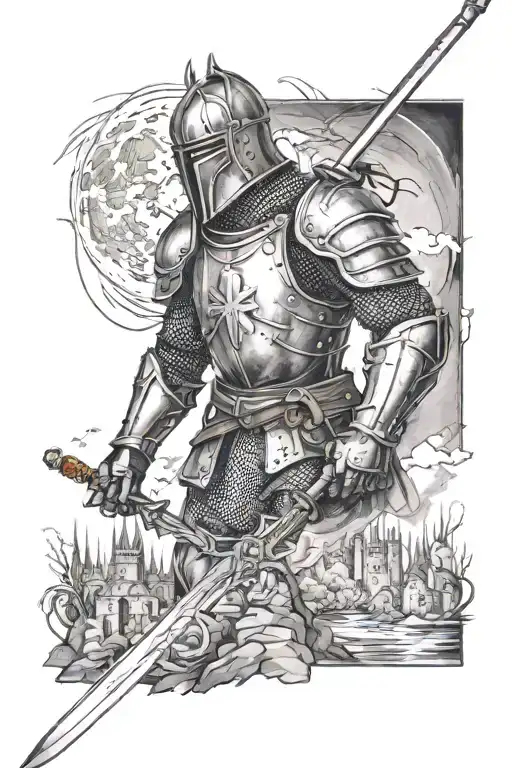 forearm grayscale tattoo of the knight with a sword background with castle, wolf, and moon tattoo design idea