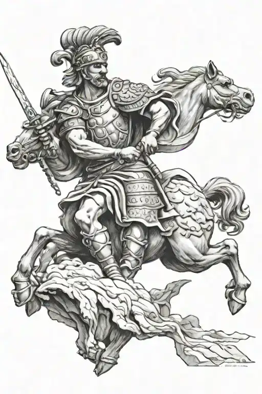 Tattoo depicting the battle of General Hannibal against the Romans on the Alps, in the background the Alps with the tattoo design idea