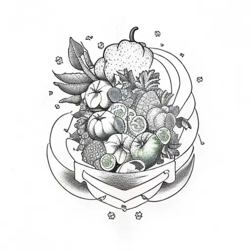 A traditional style tattoo of a beautifully detailed cornucopia overflowing with an assortment of fruits and vegetables, symbolizing abundance and nutrition tattoo design idea