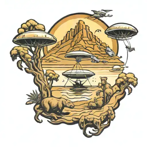 Grateful Dead ufo abducting the bears fishing in a desert oasis  tattoo design idea