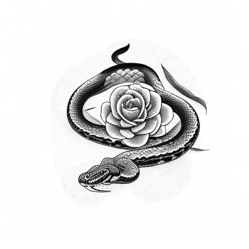 A delicate black and white snake weaving through a bed of flowers and foliage tattoo design idea