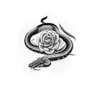 A delicate black and white snake weaving through a bed of flowers and foliage tattoo design idea