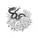 A delicate black and white snake weaving through a bed of flowers and foliage tattoo design idea