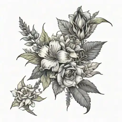 Interweaving Healing flowers, lavender, roses, Evening Primrose, St. John’s Wort, Marigold, passionflower- tattoo design idea