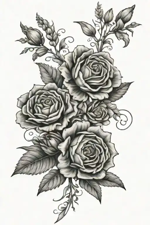 Interweaving Healing flowers, lavender, roses, Evening Primrose, St. John’s Wort, Marigold, passionflower tattoo design idea