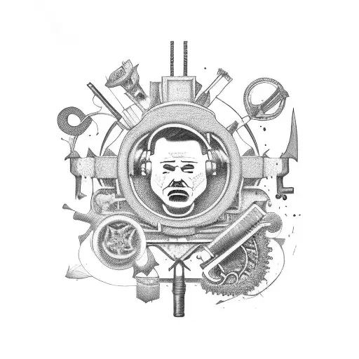 An intricate design of a theater stage with woodworking tools scattered around, representing a passion for both crafts tattoo design idea