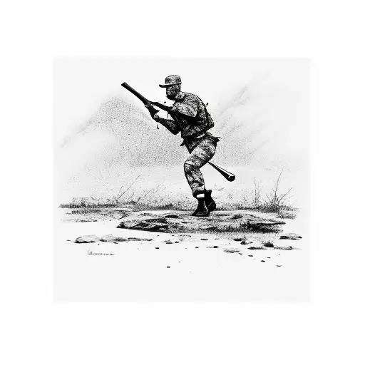A silhouette of a soldier hunting in the wilderness, with a subtle nod to baseball and dance incorporated into the background tattoo design idea