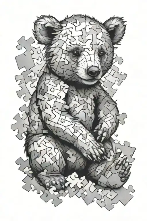 A realism baby bear surrounded by puzzle pieces incorporated tattoo design idea
