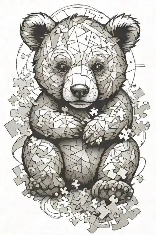 A whimsical baby bear surrounded by puzzle pieces, symbolizing the complexity of motherhood tattoo design idea