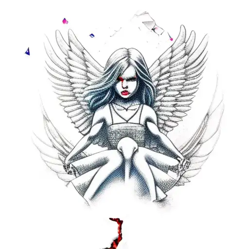 female angel crouched over a red shattered heart tattoo design idea