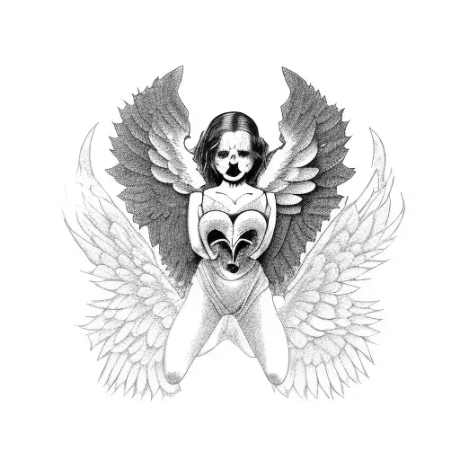sad female angel crouched over a red shattered heart-shaped skull. tattoo design idea