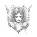 sad female angel crouched over a red shattered heart-shaped skull. tattoo design idea