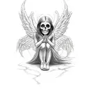 sad female angel crouched over a red shattered heart-shaped skull. tattoo design idea