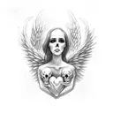 sad female angel crouched over a red shattered heart-shaped skull. tattoo design idea
