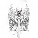 sad female angel crouched over a red shattered heart-shaped skull. tattoo design idea