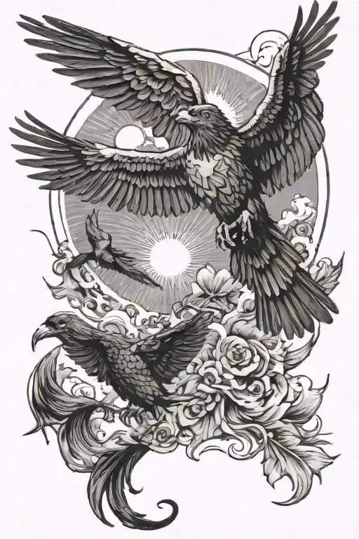 icarus falling from the sun with a raven above and a Phoenix bird below  tattoo design idea