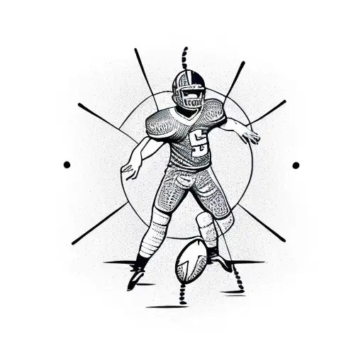 A dotwork design of a football player catching a ball, with intricate patterns forming the shape of a cross in the background tattoo design idea