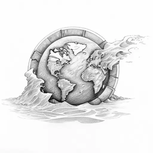 Atlas is climbing a set of stone steps, carrying the earth. the steps are being worn away by flowing water tattoo design idea