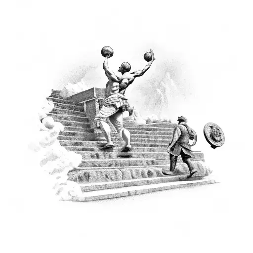 Man carrying Atlas is climbing a set of stone steps, carrying the earth. the steps are being worn away by flowing water tattoo design idea