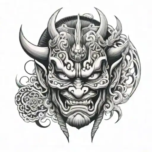 Oni Mask split in half shoulder tattoo human eye emotionless tattoo design idea
