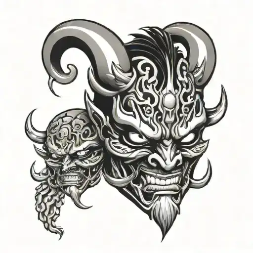 Oni Mask split in half shoulder tattoo human eye tattoo design idea
