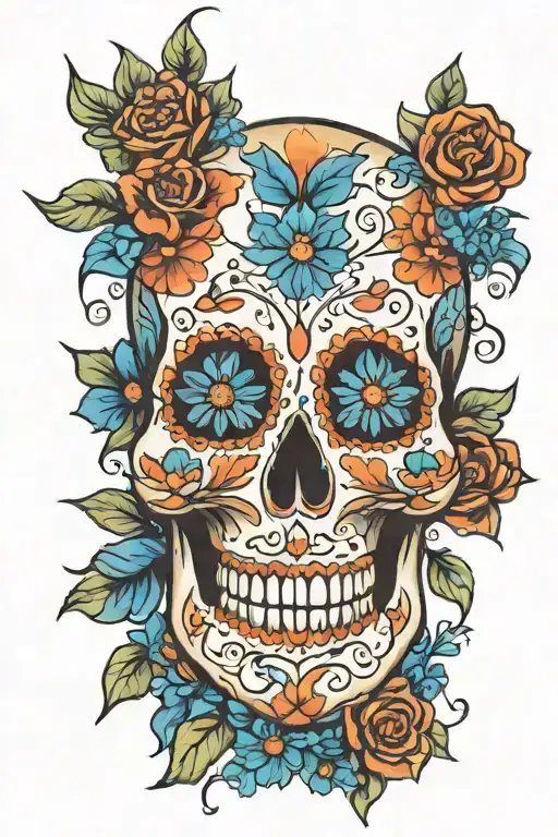 sugar skull surrounded by blue flowers tattoo design idea
