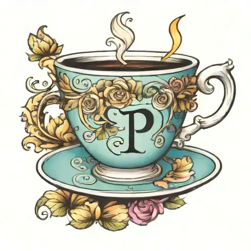 teacup with a p letter tattoo design idea