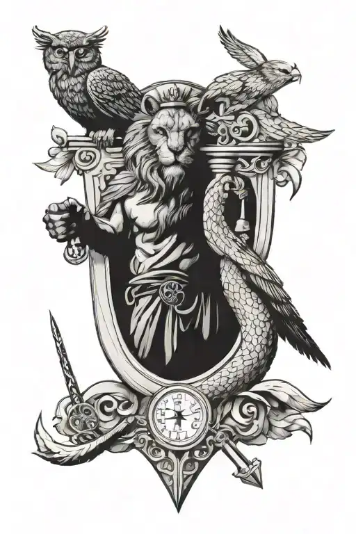 stoic Tatoo With A Lion , An Owl, A Sword And A Scale For Justice, And An Hourglass tattoo design idea