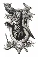 stoic Tatoo With A Lion , An Owl, A Sword And A Scale For Justice, And An Hourglass tattoo design idea
