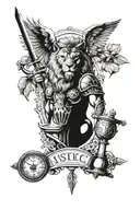 stoic Tatoo With A Lion , An Owl, A Sword And A Scale For Justice, And An Hourglass tattoo design idea