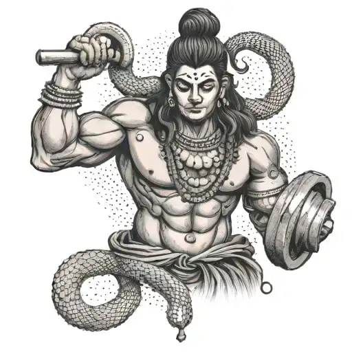 A powerful image of Lord Shiva lifting weights, with a snake coiled around his arm, in a dotwork style tattoo design idea