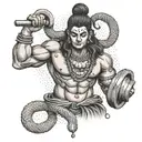 A powerful image of Lord Shiva lifting weights, with a snake coiled around his arm, in a dotwork style tattoo design idea